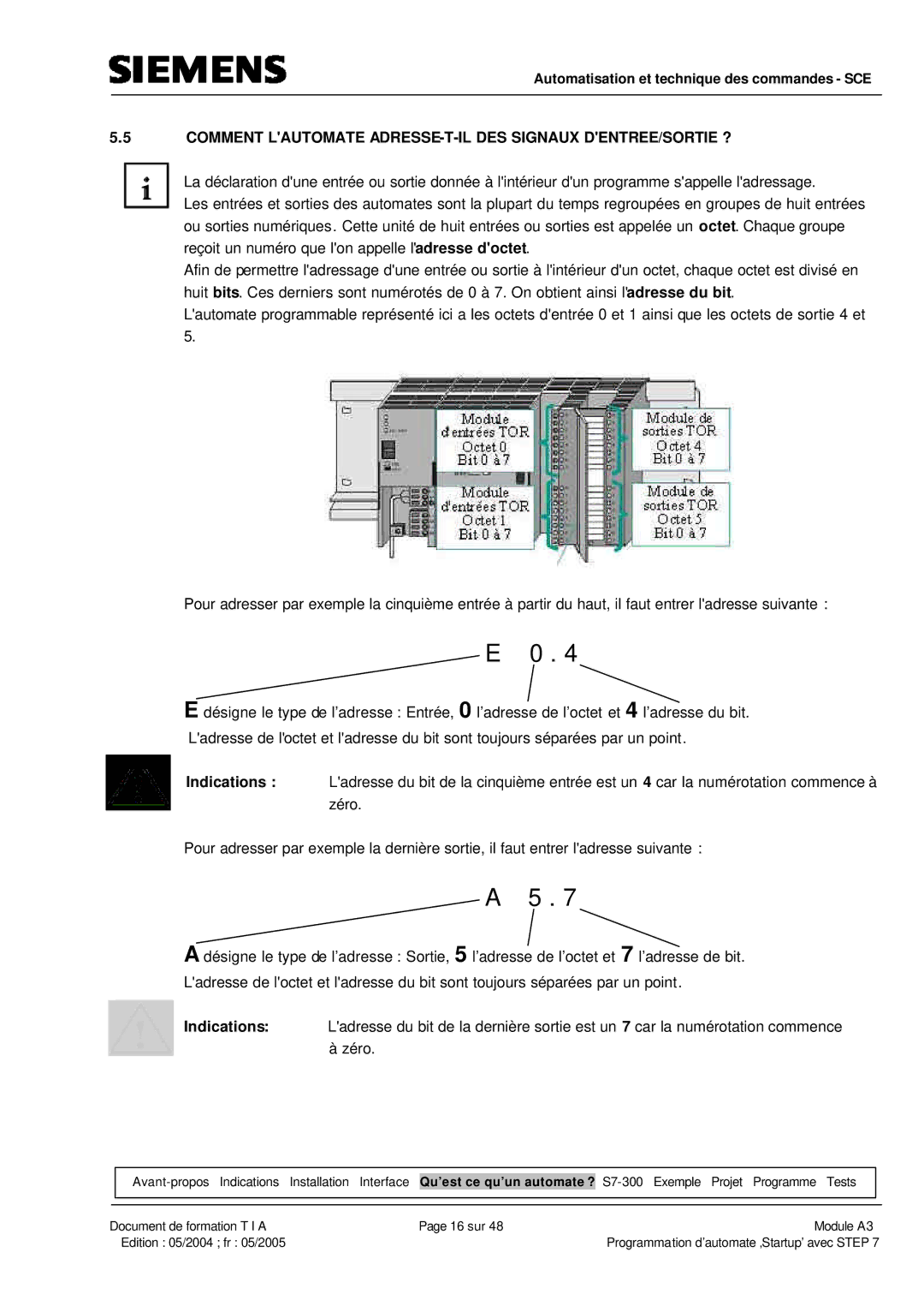 Siemens A3 manual Comment Lautomate ADRESSE-T-IL DES Signaux DENTREE/SORTIE ? 