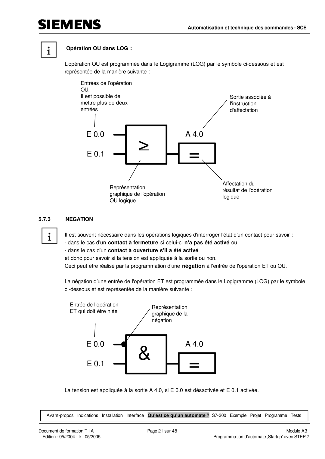 Siemens A3 manual Opération OU dans LOG, Negation 