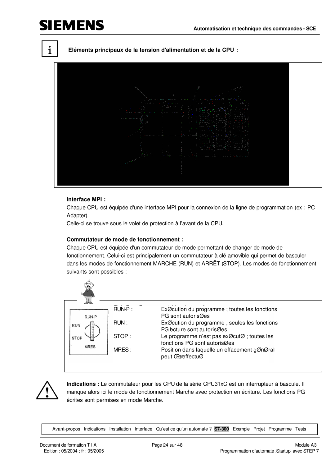 Siemens A3 manual Commutateur de mode de fonctionnement 