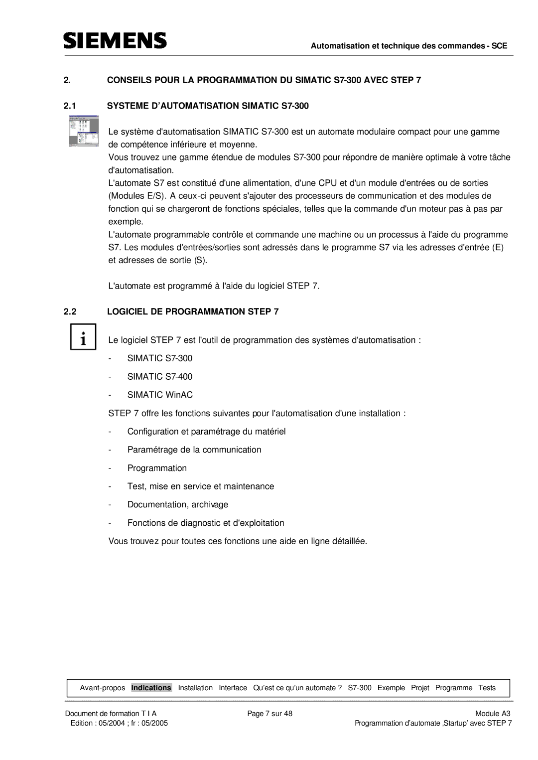 Siemens A3 manual Logiciel DE Programmation Step, Indications 