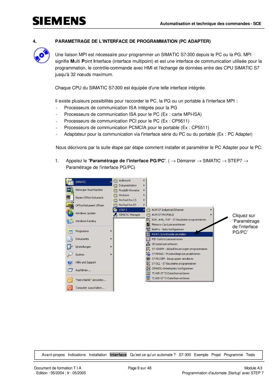 Siemens A3 manual Parametrage DE L’INTERFACE DE Programmation PC Adapter 