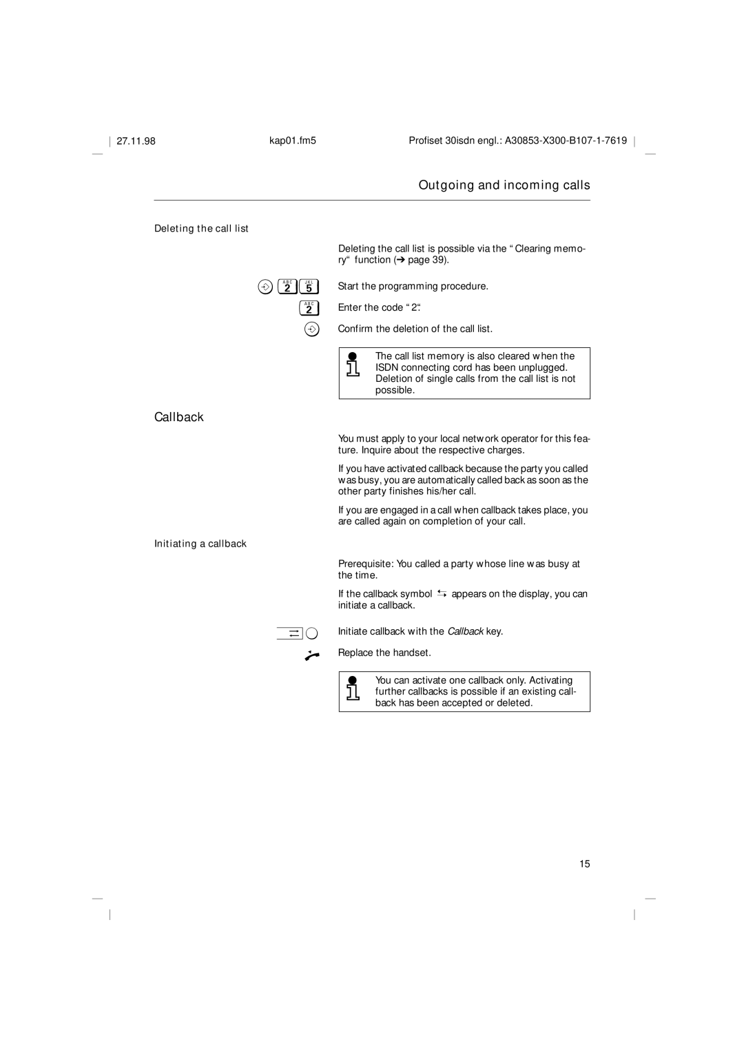 Siemens A30853 operating instructions Callback, Deleting the call list, Initiating a callback 