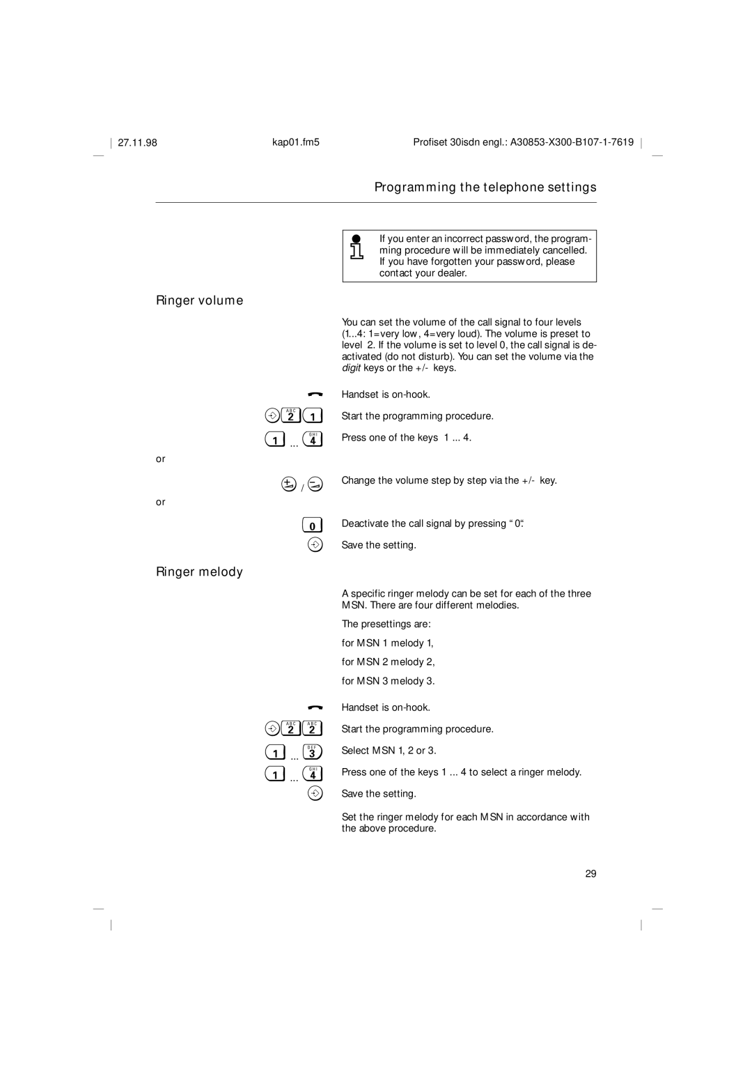 Siemens A30853 operating instructions Programming the telephone settings Ringer volume, Ringer melody 