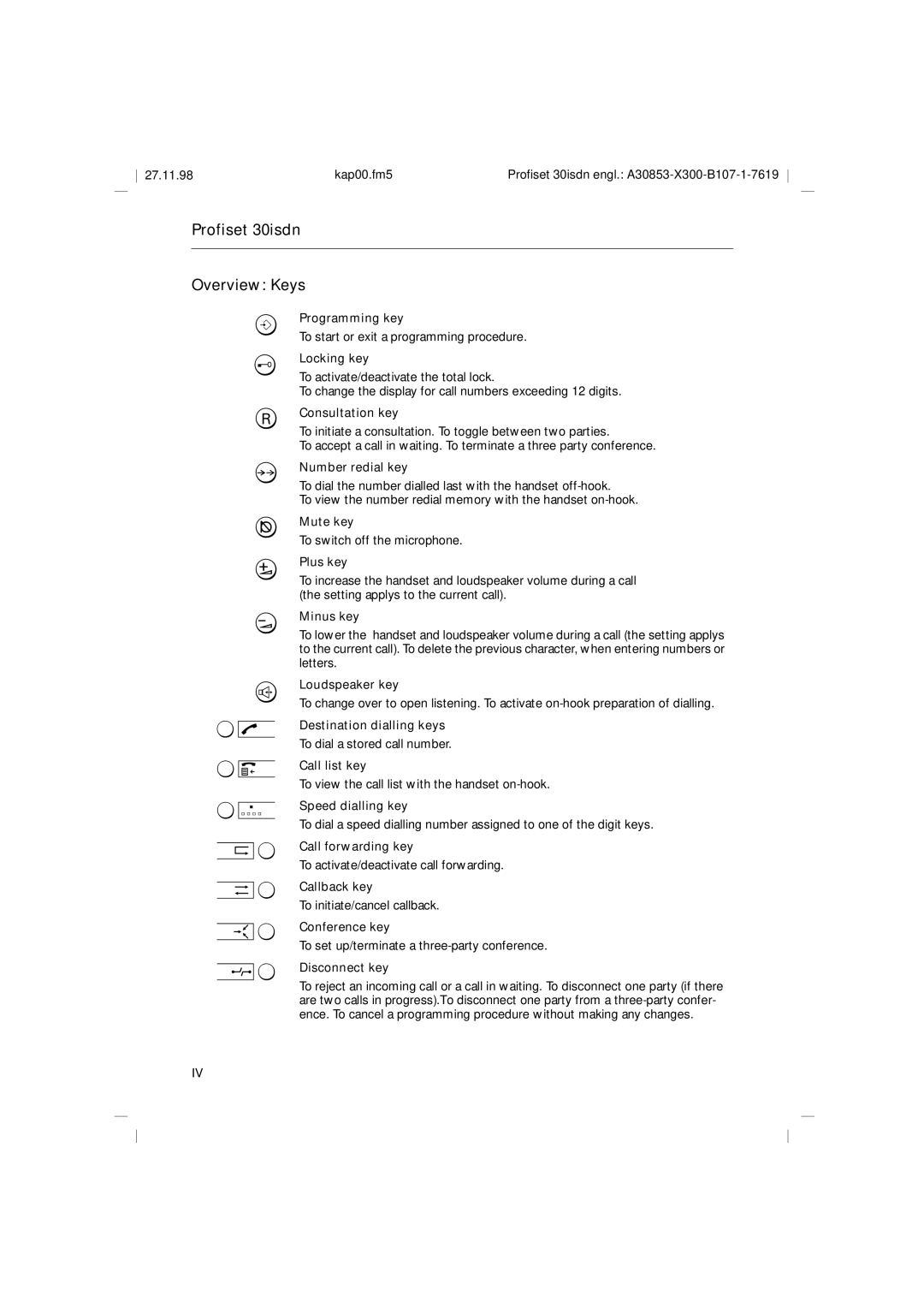 Siemens A30853 operating instructions Profiset 30isdn Overview Keys 