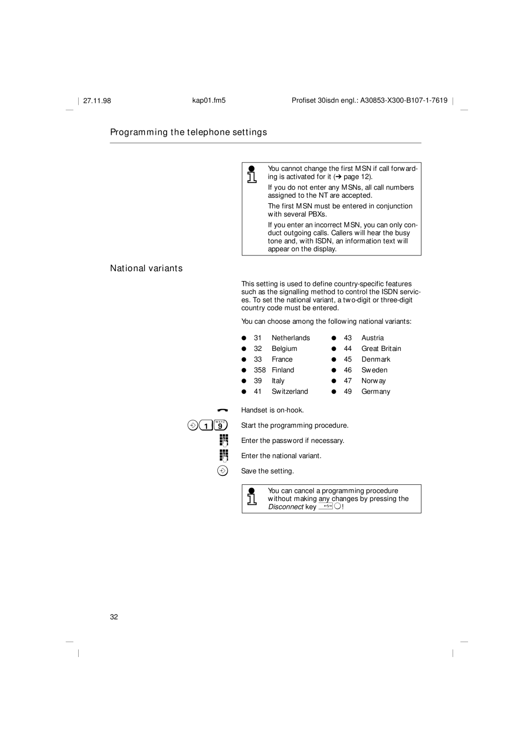 Siemens A30853 operating instructions Programming the telephone settings National variants 