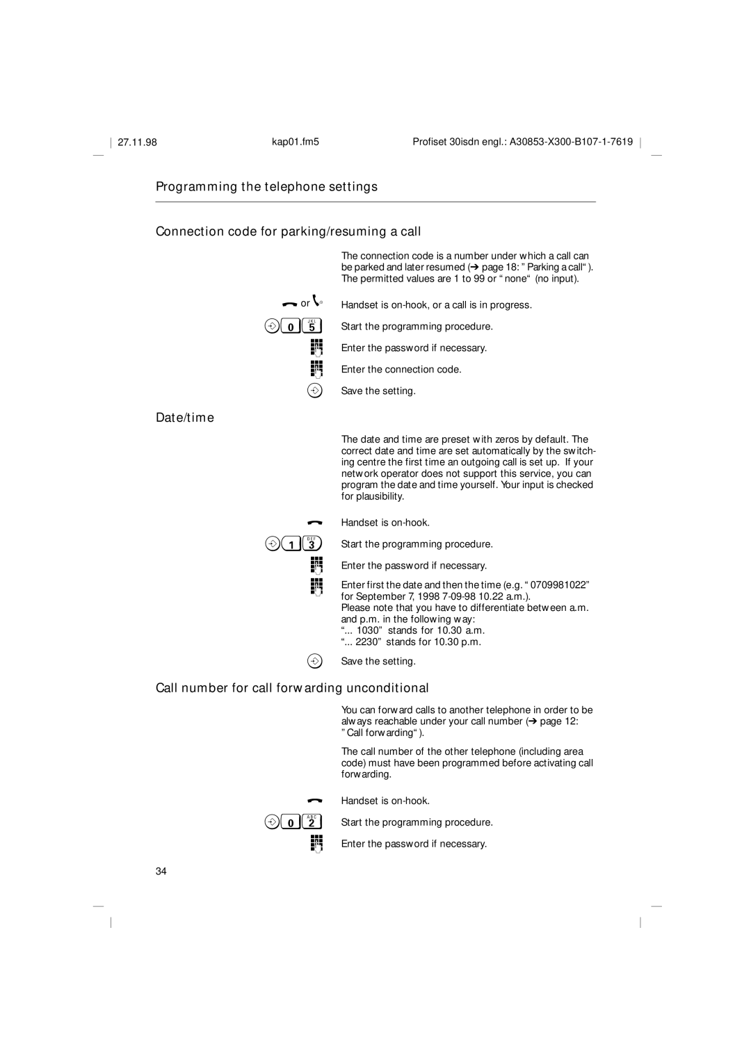 Siemens A30853 operating instructions Date/time, Call number for call forwarding unconditional 