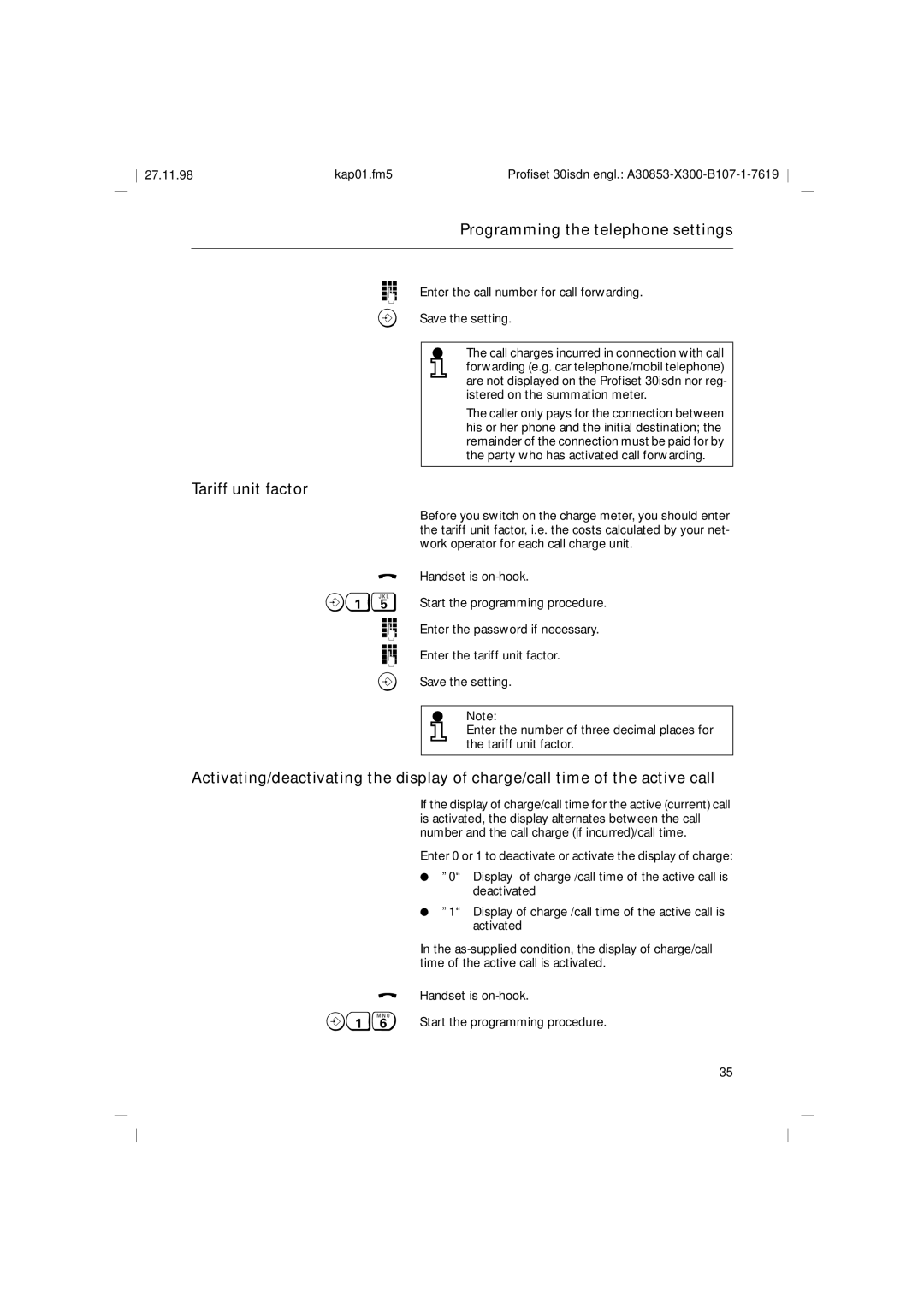 Siemens A30853 operating instructions Tariff unit factor, Enter the call number for call forwarding Save the setting 