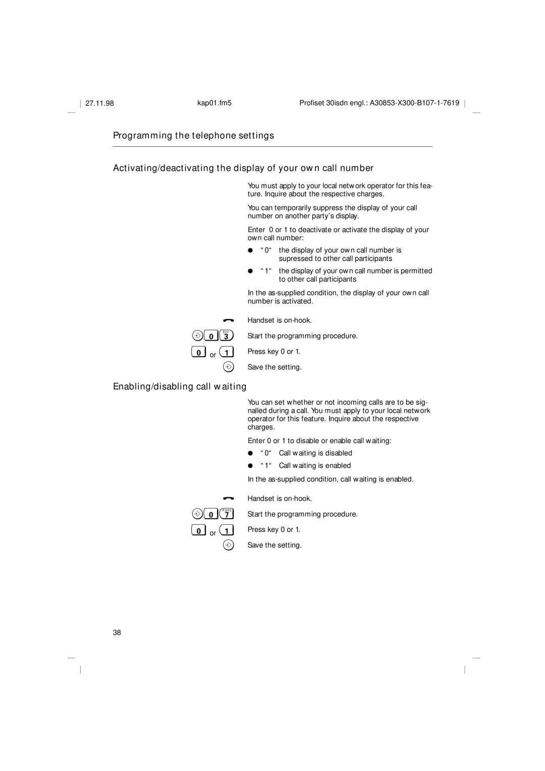 Siemens A30853 operating instructions Enabling/disabling call waiting 