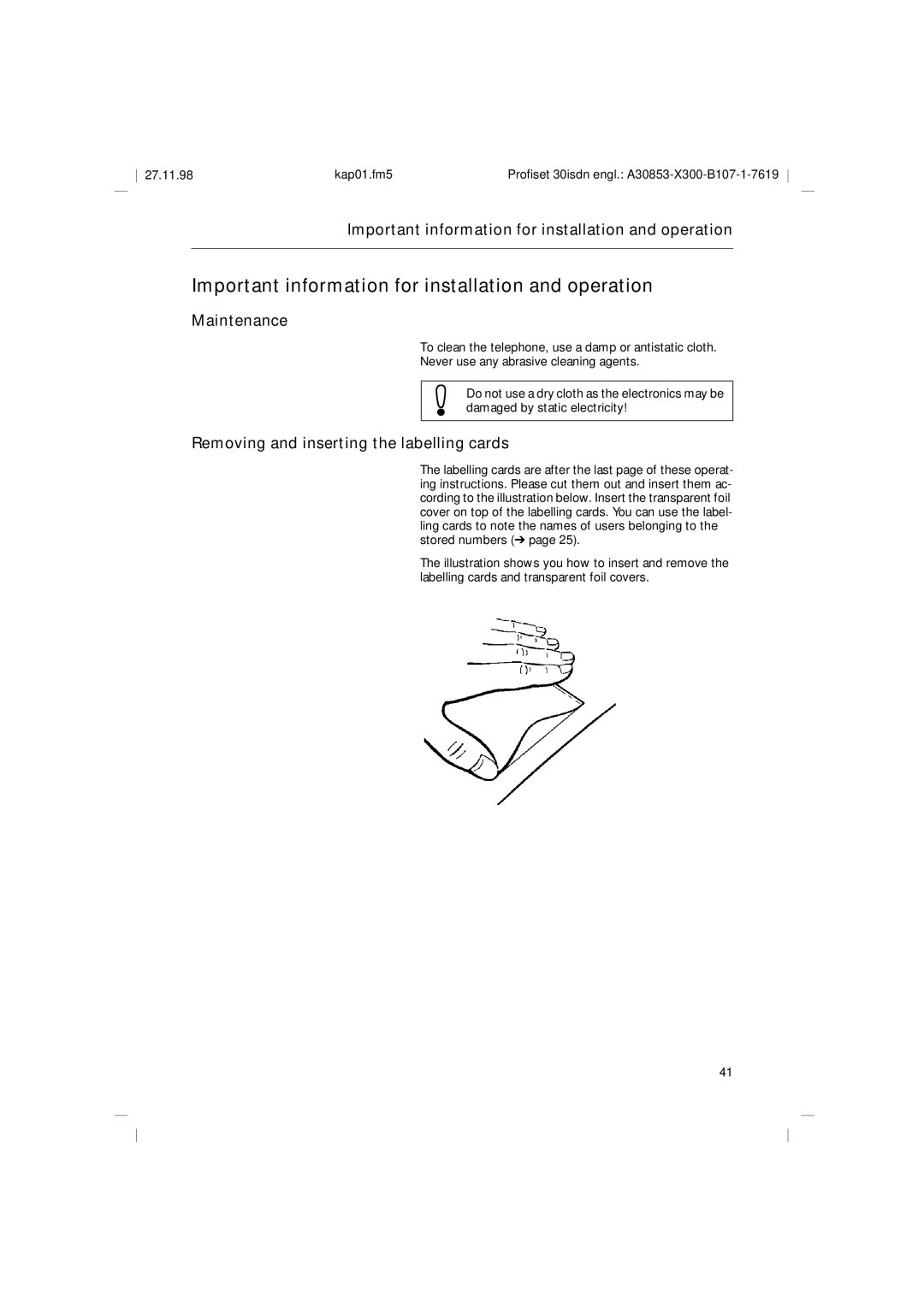 Siemens A30853 operating instructions Important information for installation and operation, Maintenance 