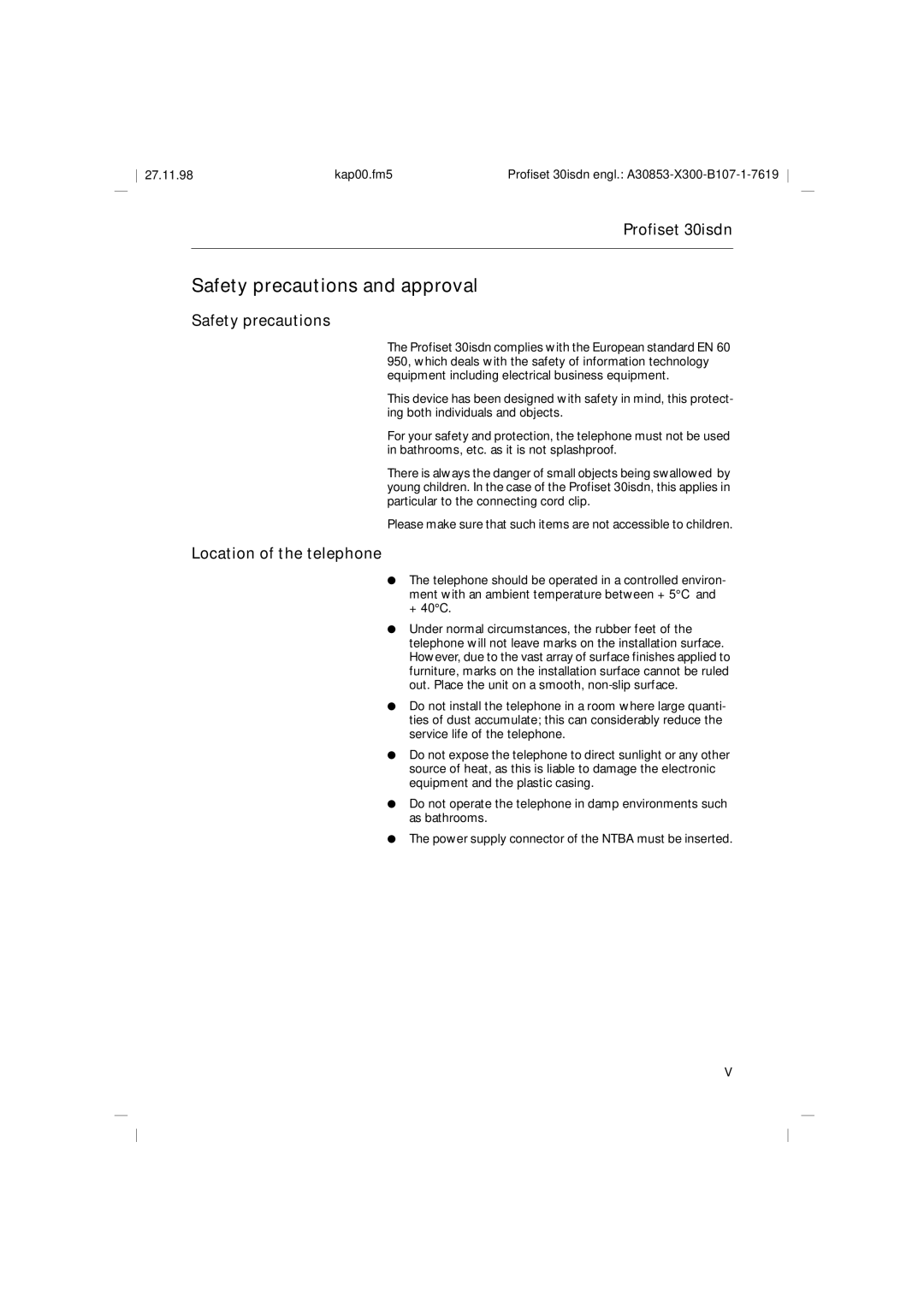 Siemens A30853 operating instructions Safety precautions and approval, Location of the telephone 