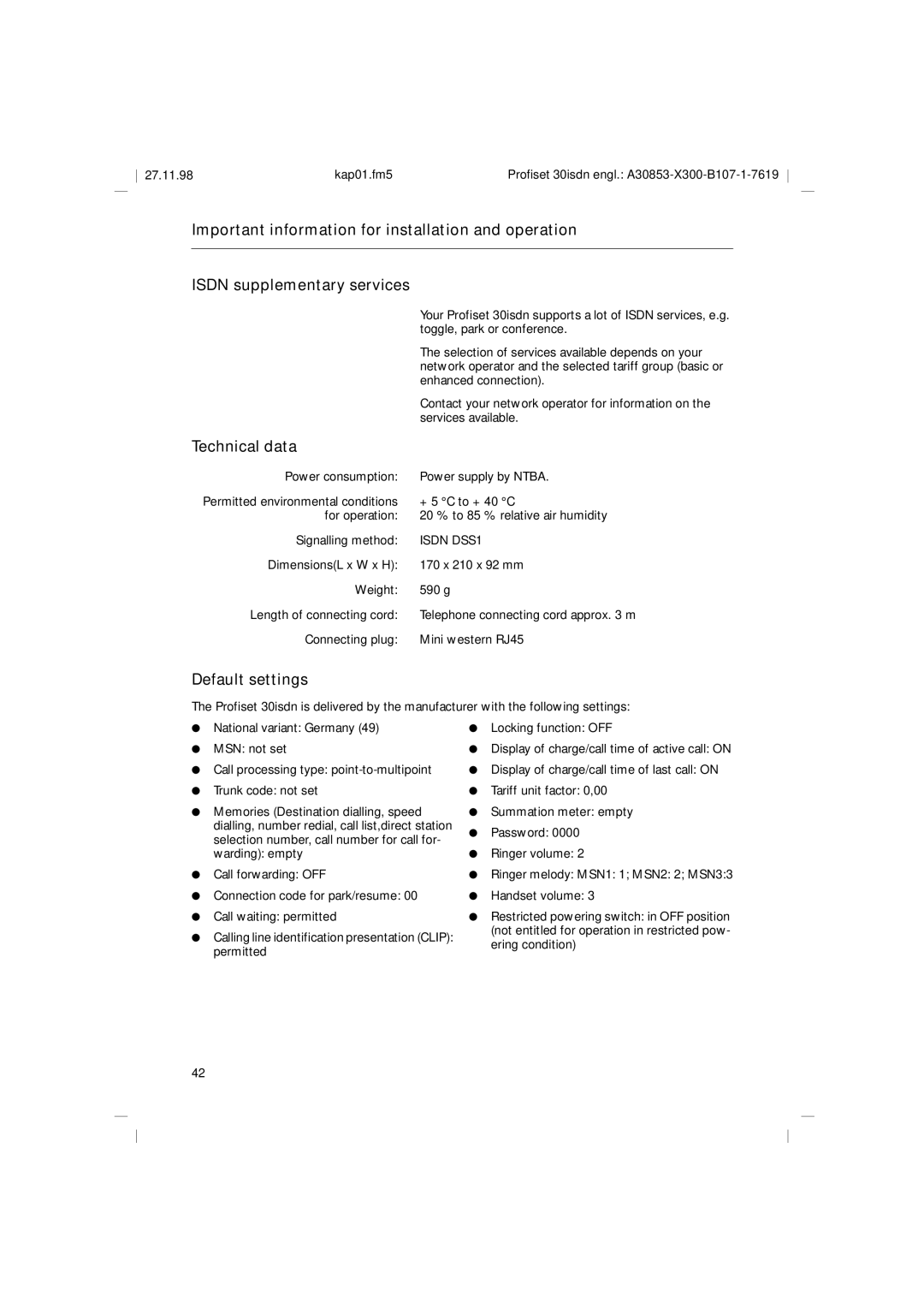 Siemens A30853 operating instructions Default settings, Technical data 