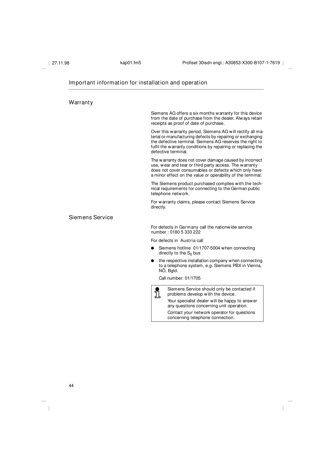 Siemens A30853 operating instructions Siemens Service 