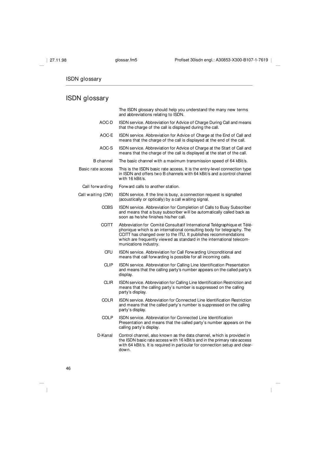 Siemens A30853 operating instructions Isdn glossary 