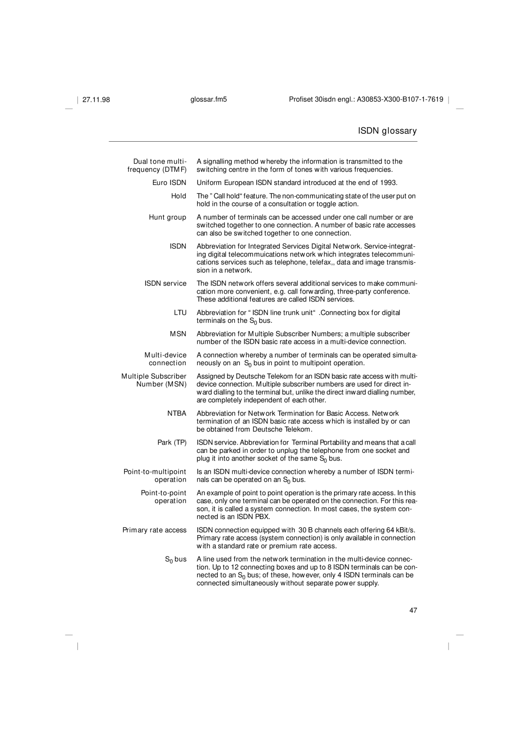 Siemens A30853 operating instructions Isdn glossary 