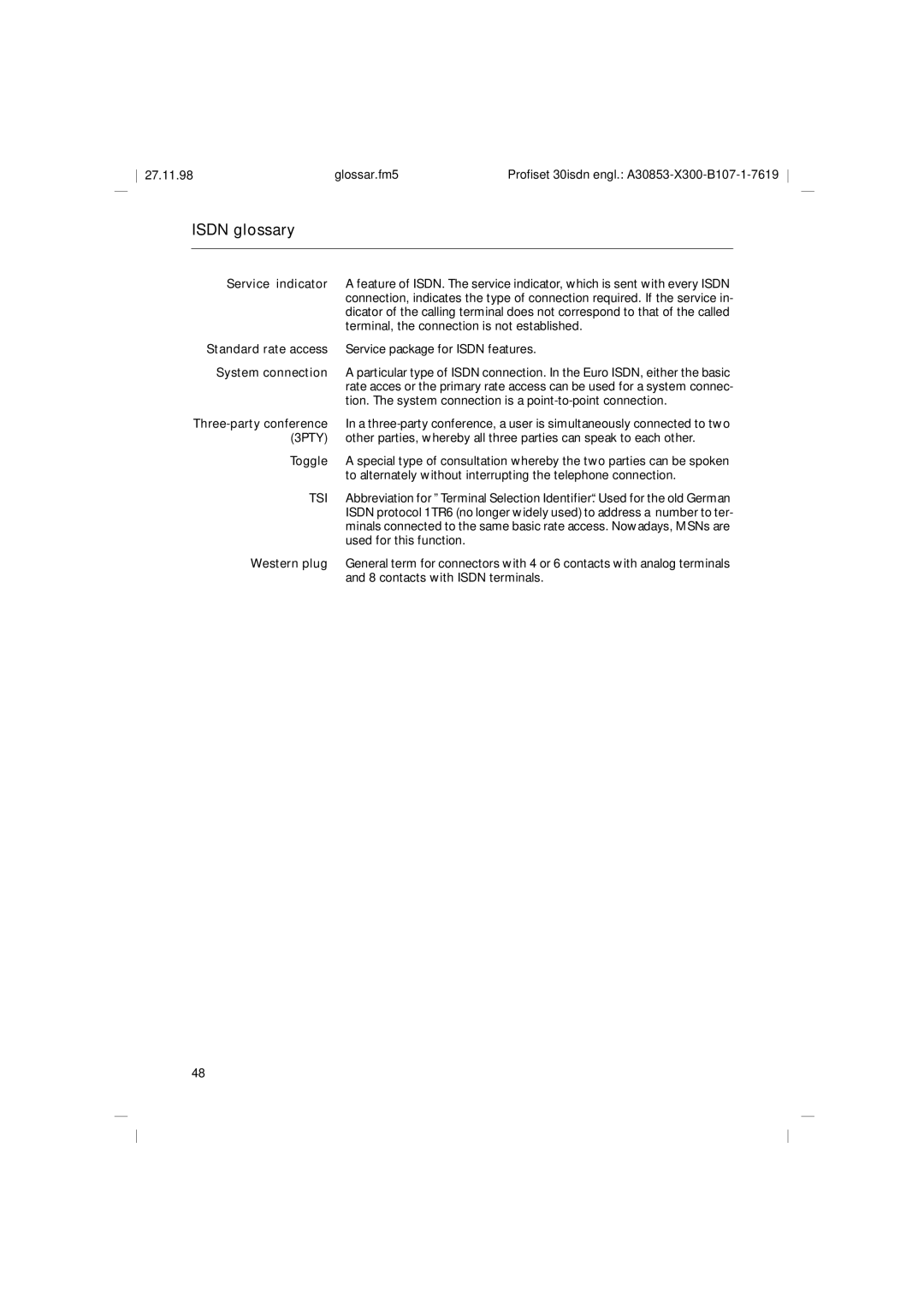 Siemens A30853 operating instructions Isdn glossary 