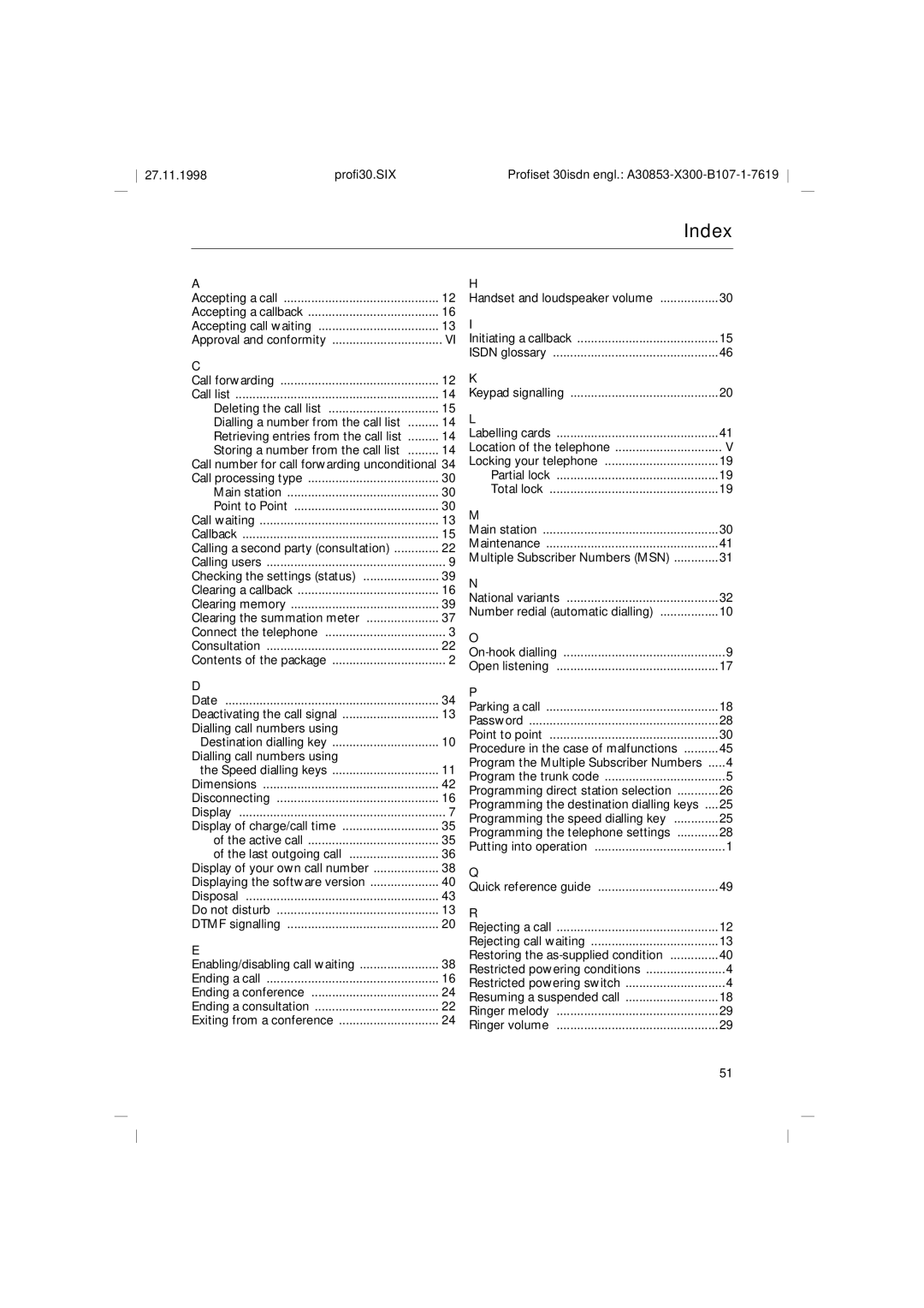 Siemens A30853 operating instructions Index 