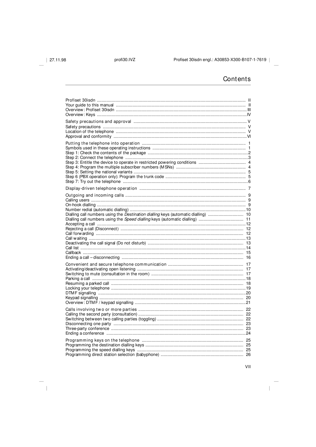 Siemens A30853 operating instructions Contents 