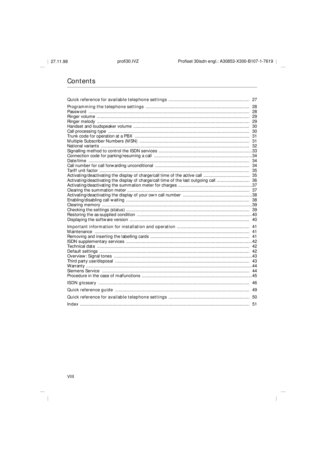 Siemens A30853 operating instructions Contents 