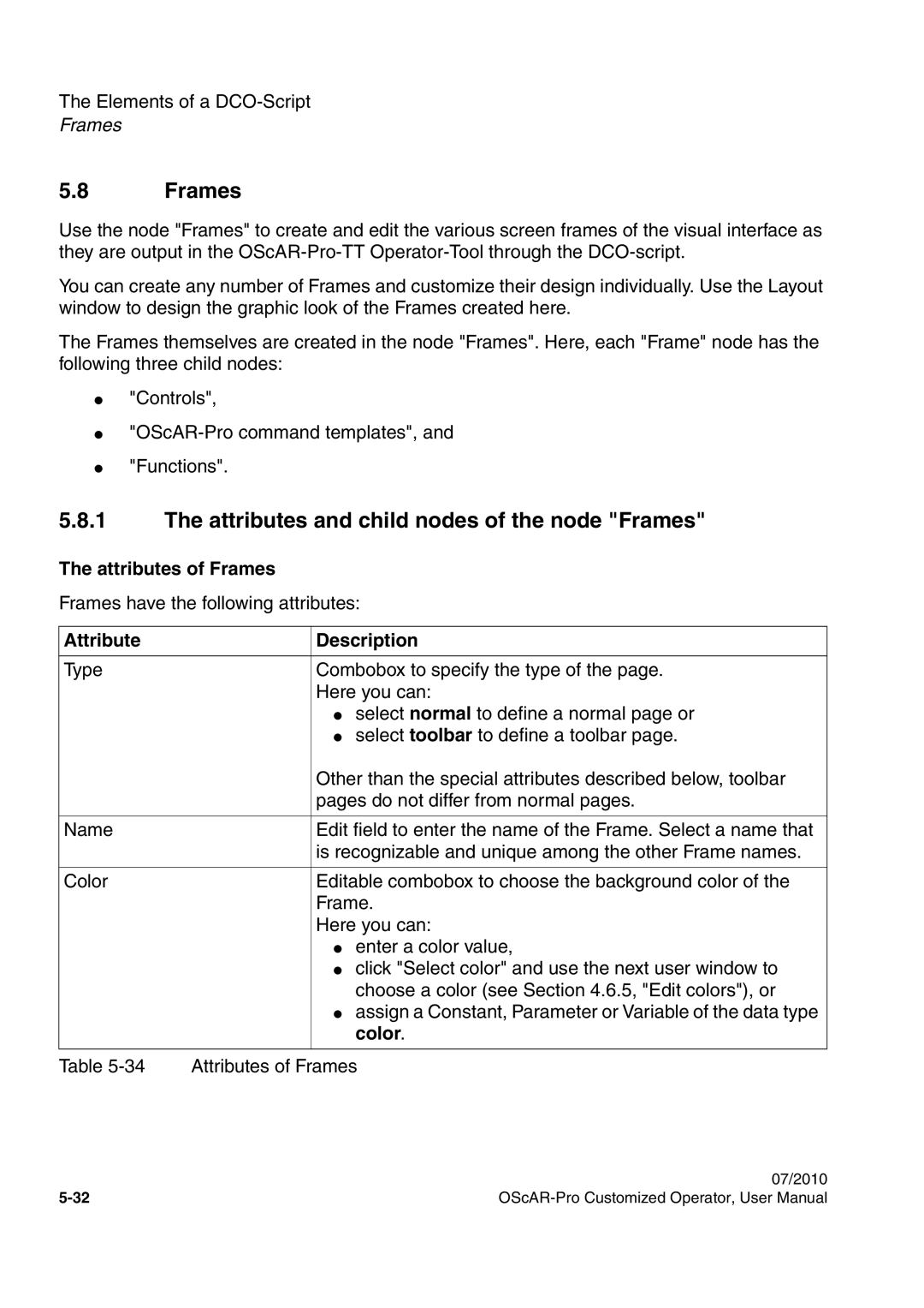 Siemens A31003-51730-U103-7619 user manual Attributes and child nodes of the node Frames, Attributes of Frames 