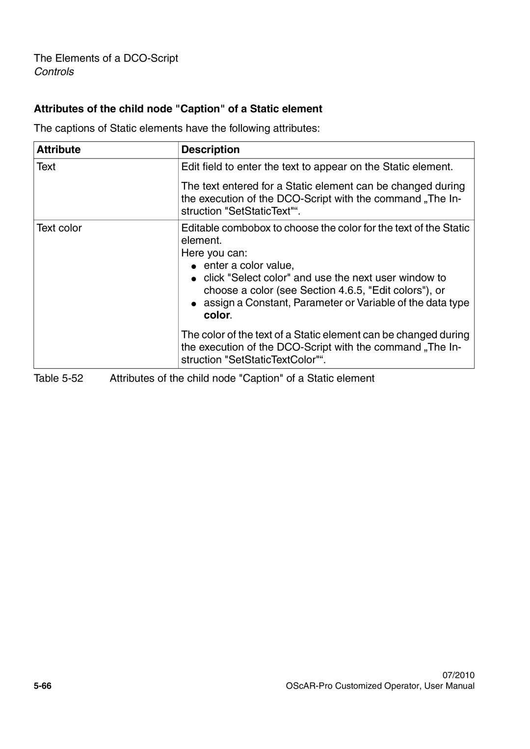 Siemens A31003-51730-U103-7619 user manual Attributes of the child node Caption of a Static element, Color 