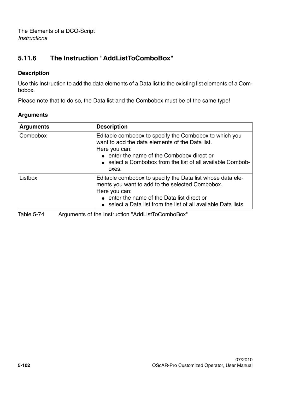 Siemens A31003-51730-U103-7619 user manual Instruction AddListToComboBox, Arguments Description 