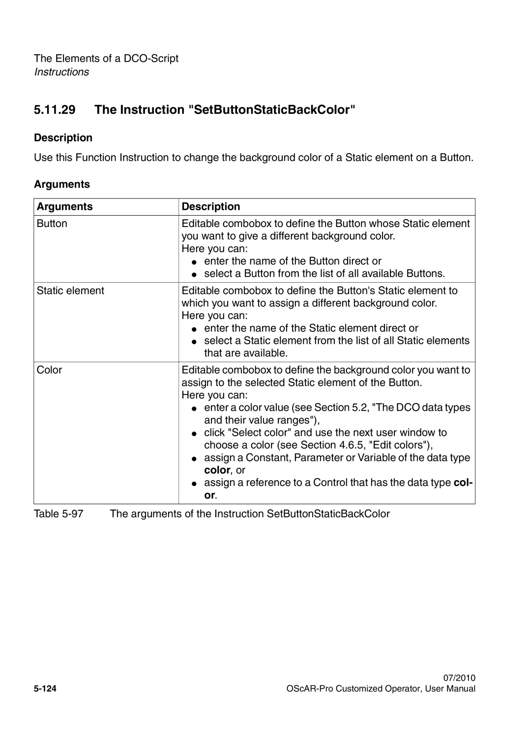 Siemens A31003-51730-U103-7619 user manual Instruction SetButtonStaticBackColor, Color, or 