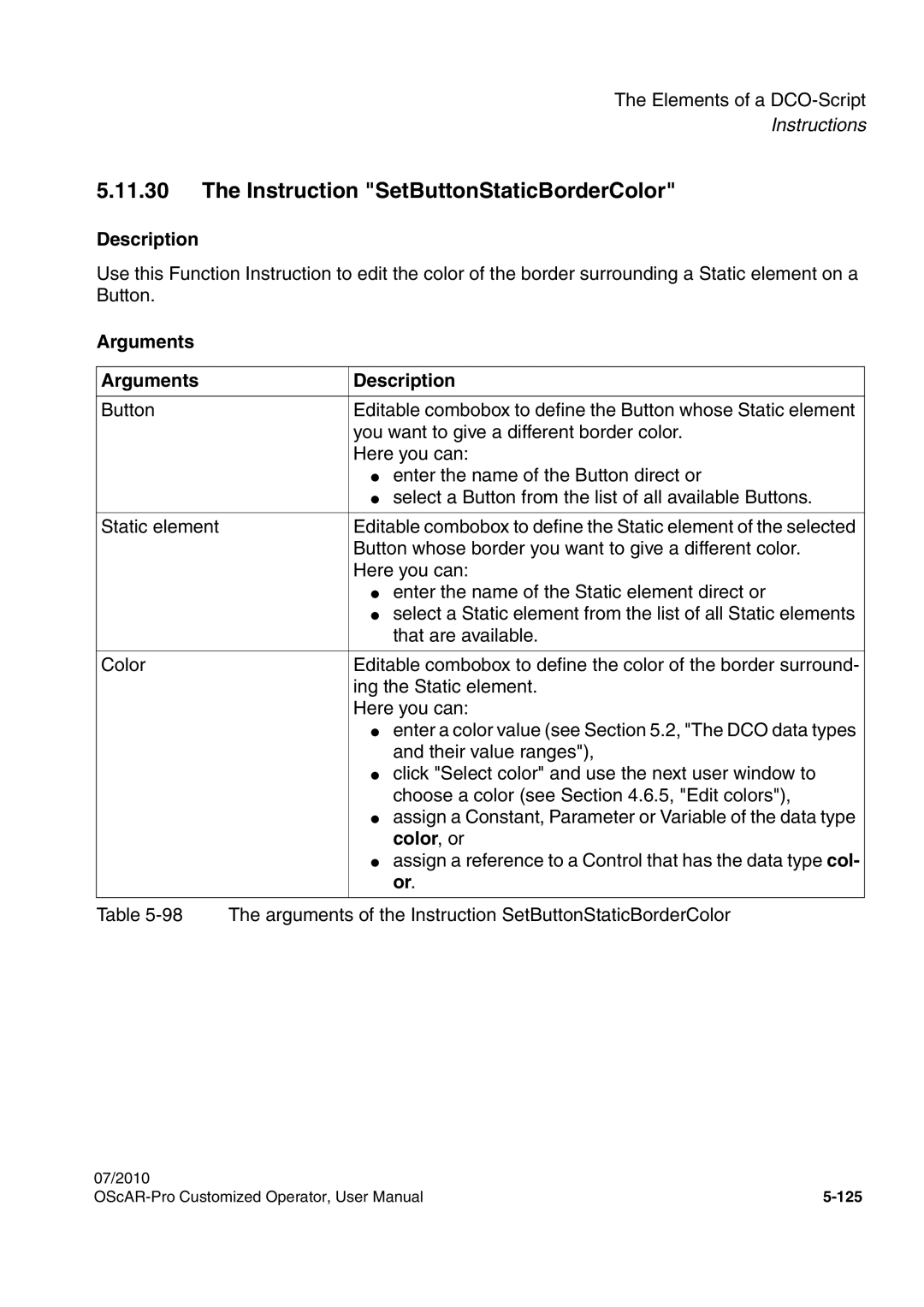 Siemens A31003-51730-U103-7619 user manual Instruction SetButtonStaticBorderColor, Color , or 