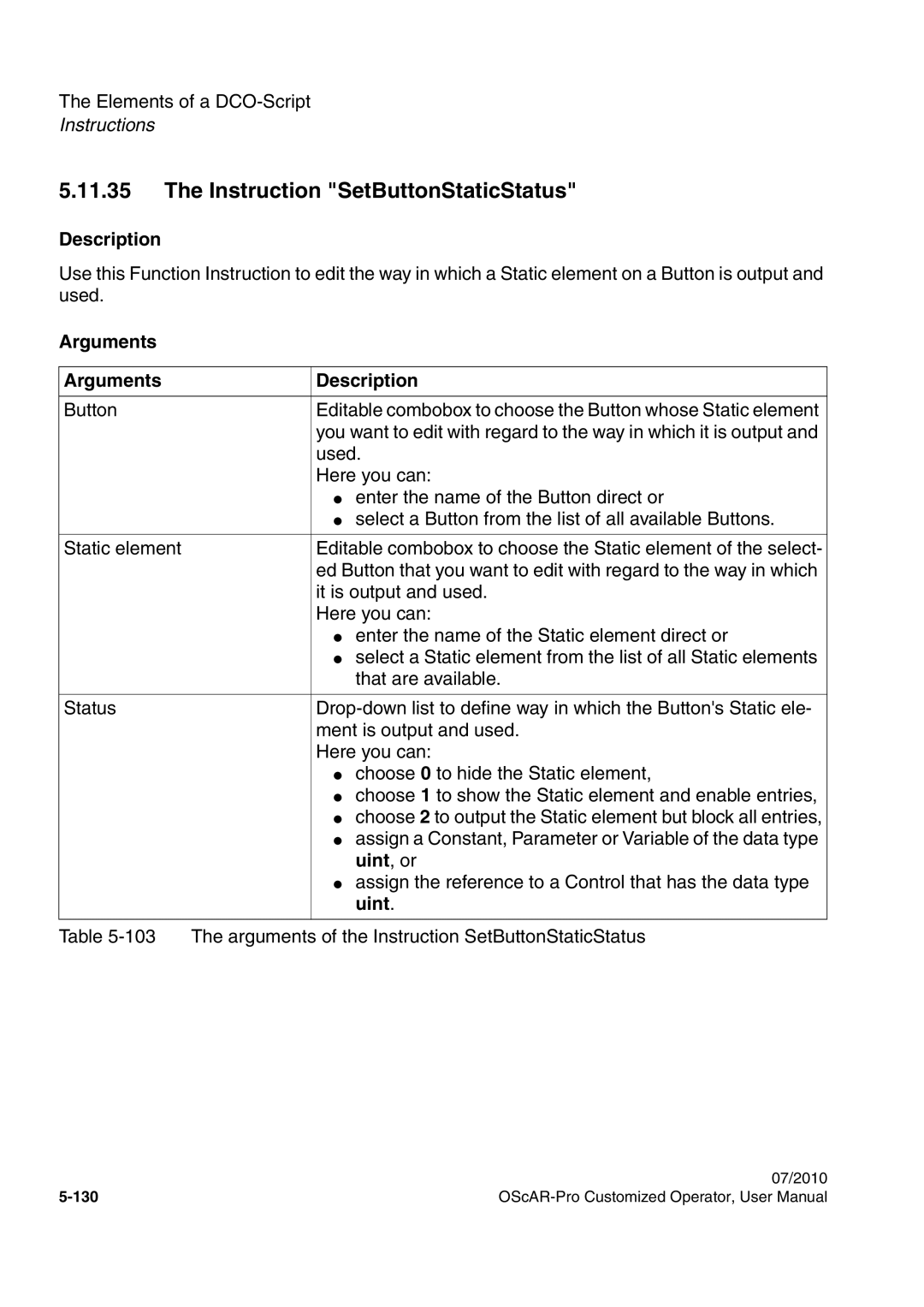 Siemens A31003-51730-U103-7619 user manual Instruction SetButtonStaticStatus, Uint, or 