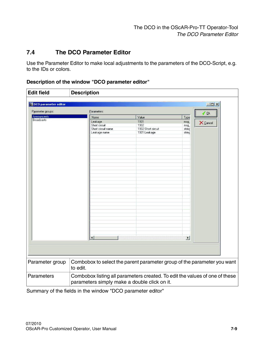 Siemens A31003-51730-U103-7619 user manual DCO Parameter Editor, Description of the window DCO parameter editor Edit field 