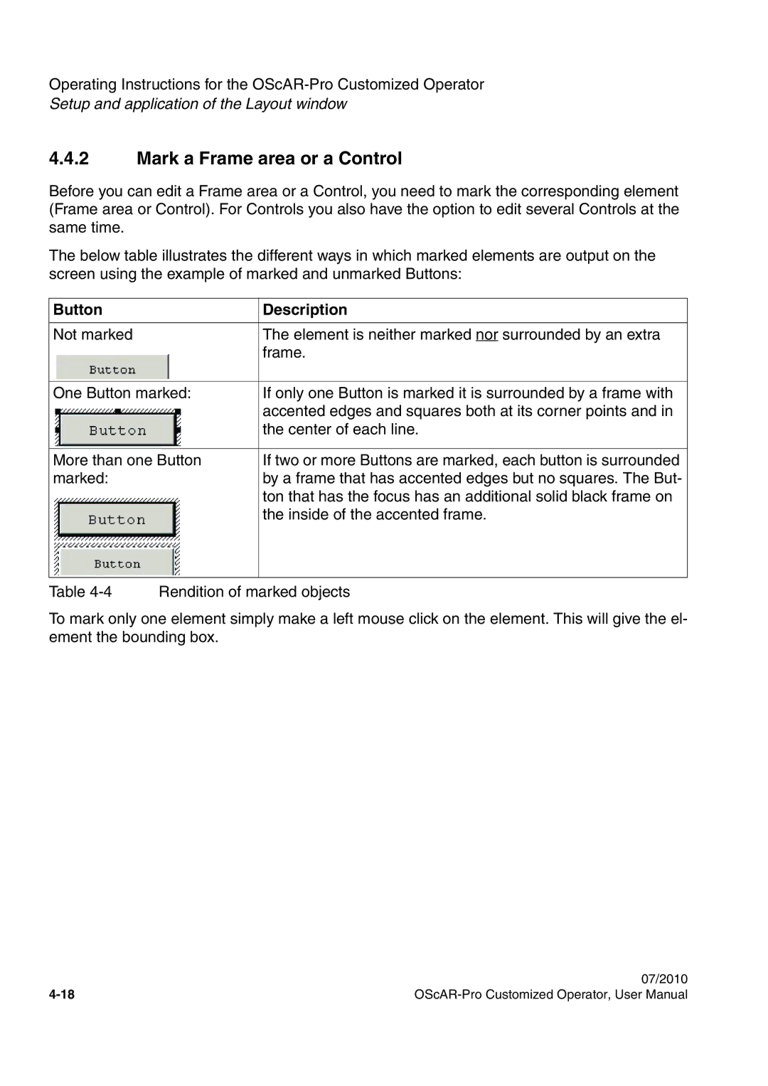 Siemens A31003-51730-U103-7619 user manual Mark a Frame area or a Control, Button Description 