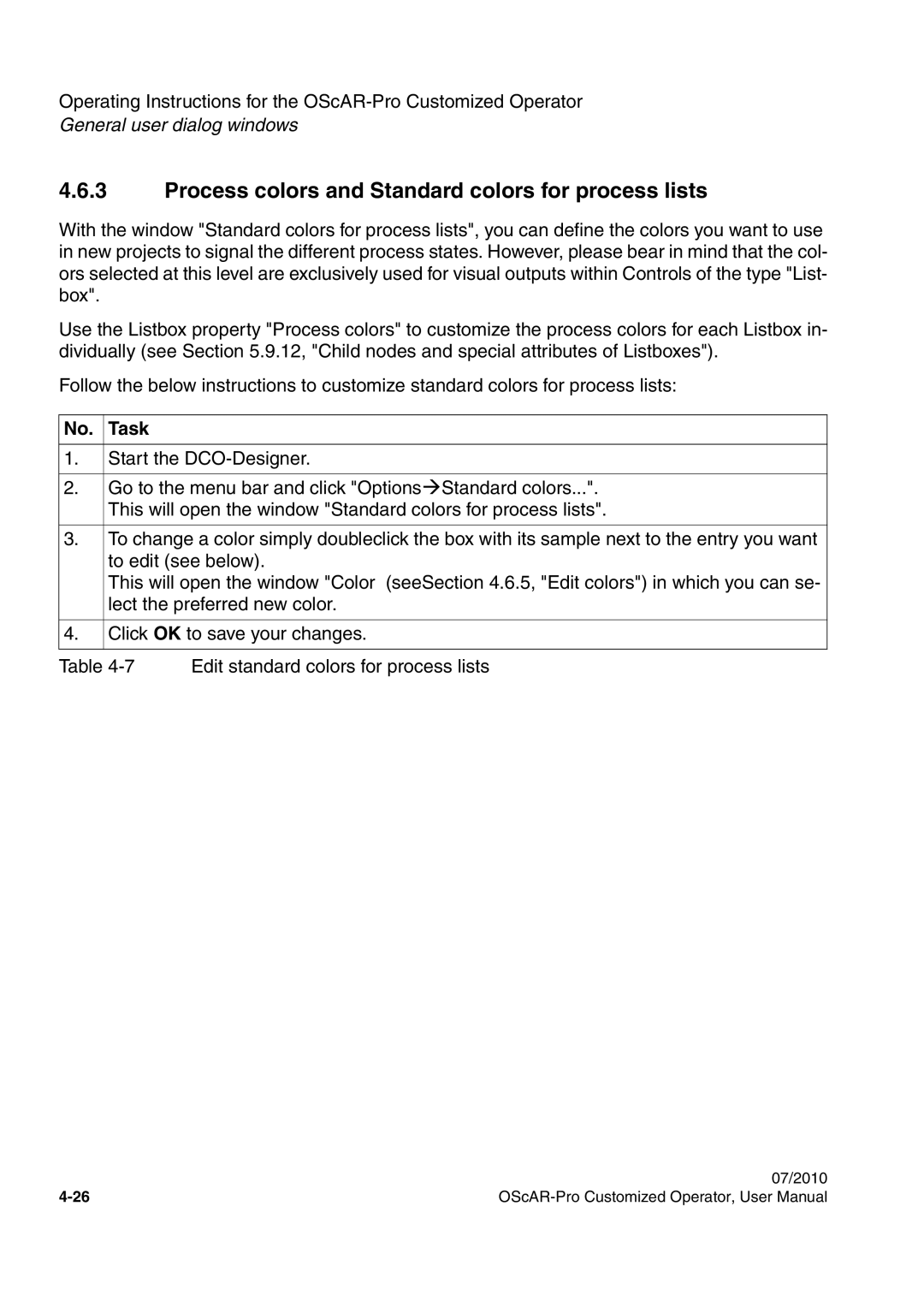 Siemens A31003-51730-U103-7619 user manual Process colors and Standard colors for process lists 