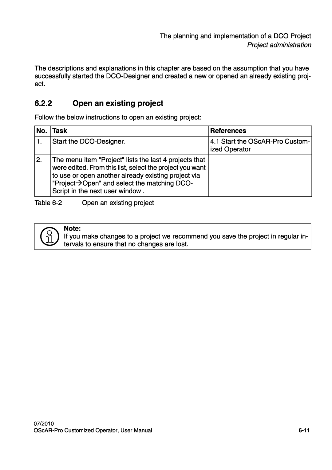 Siemens A31003-51730-U103-7619 user manual 6.2.2Open an existing project, Project administration, Task, References 