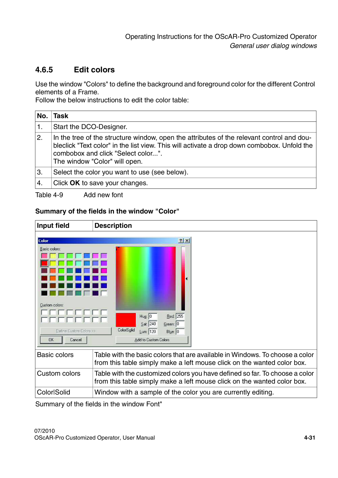 Siemens A31003-51730-U103-7619 4.6.5Edit colors, Summary of the fields in the window Color, General user dialog windows 