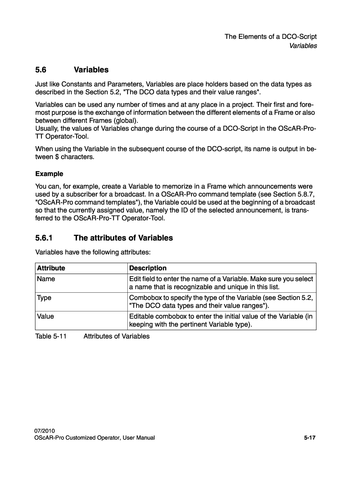 Siemens A31003-51730-U103-7619 user manual 5.6Variables, 5.6.1The attributes of Variables, Example, Attribute, Description 