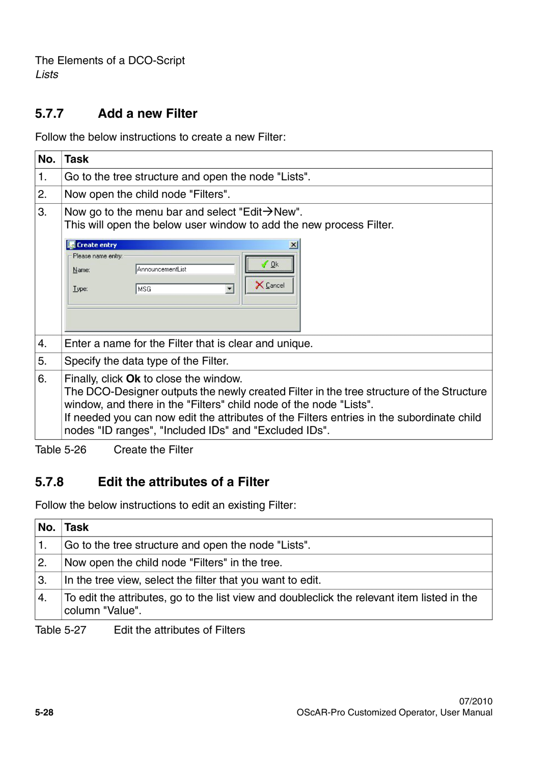 Siemens A31003-51730-U103-7619 user manual 5.7.7Add a new Filter, 5.7.8Edit the attributes of a Filter, Lists, Task 