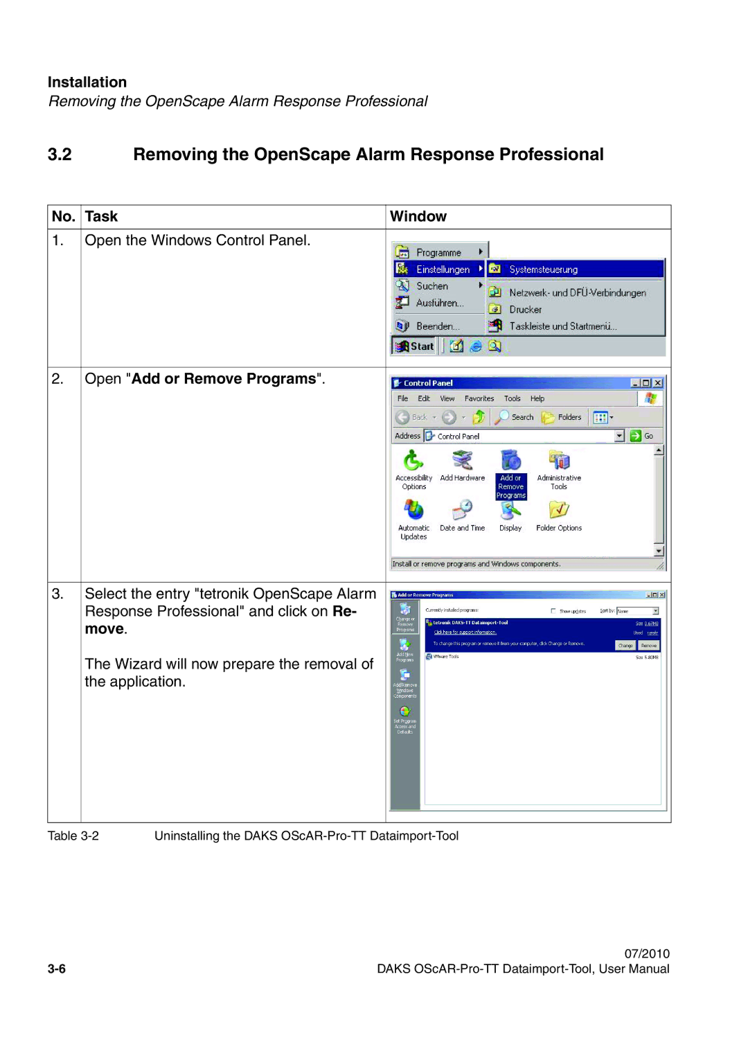 Siemens A31003-S1730-U102-1-7619 Removing the OpenScape Alarm Response Professional, No. Task, Open Add or Remove Programs 