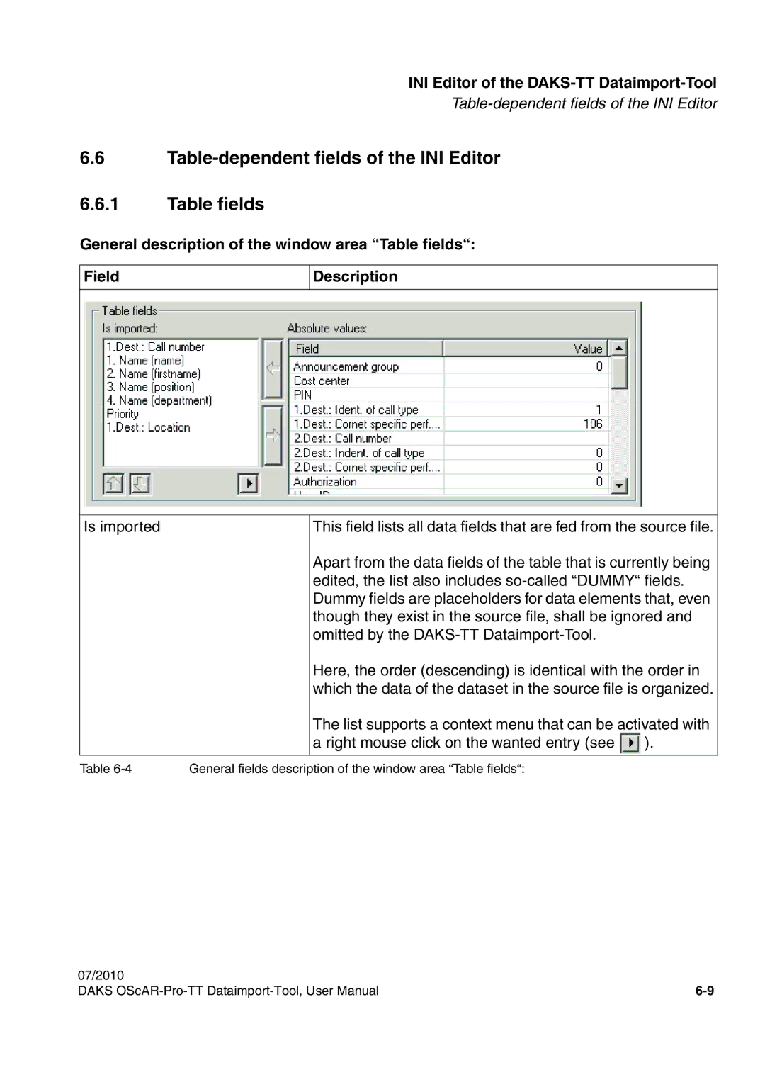 Siemens A31003-S1730-U102-1-7619 user manual Table-dependent fields of the INI Editor Table fields 