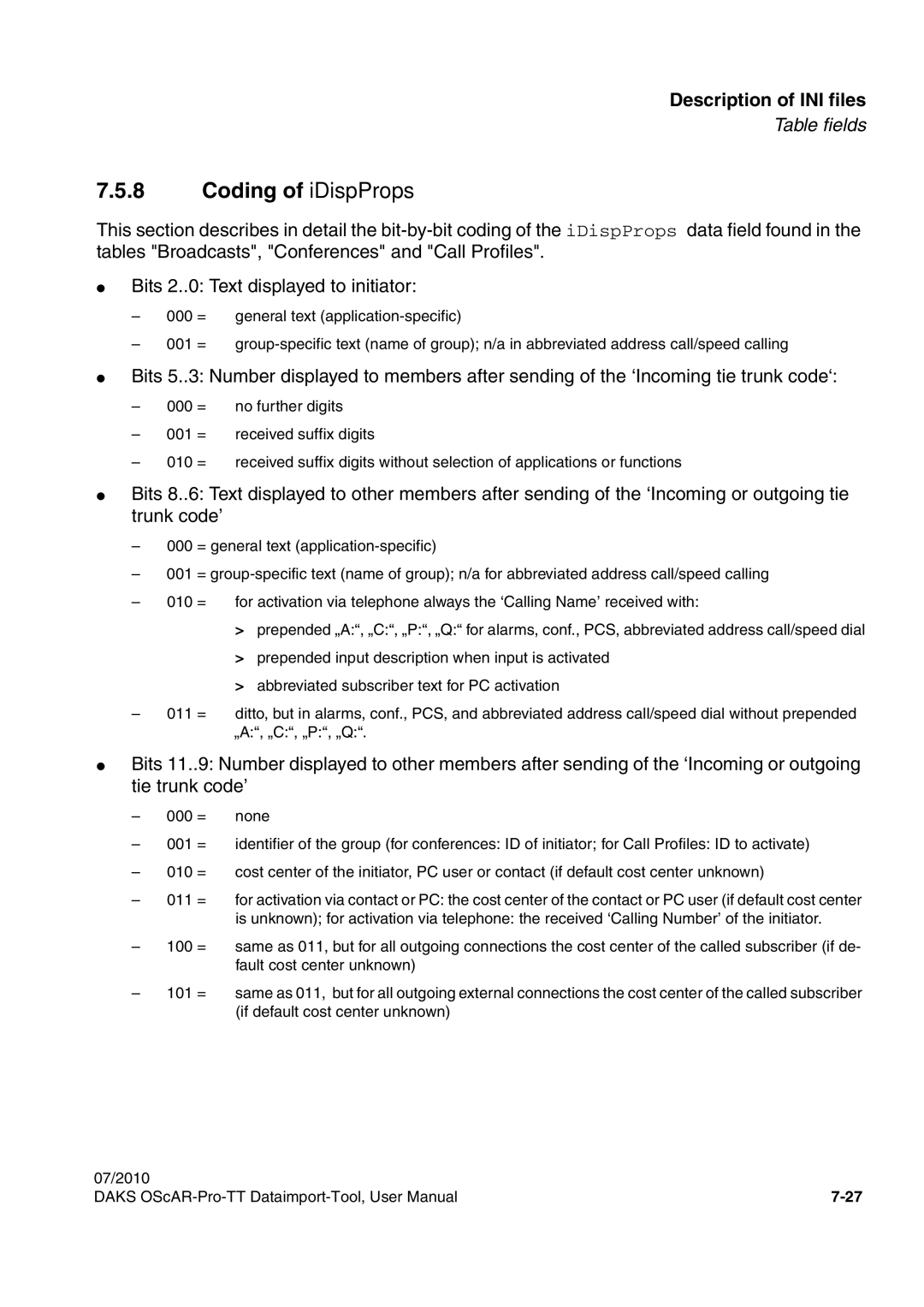 Siemens A31003-S1730-U102-1-7619 user manual Coding of iDispProps, Description of INI files 