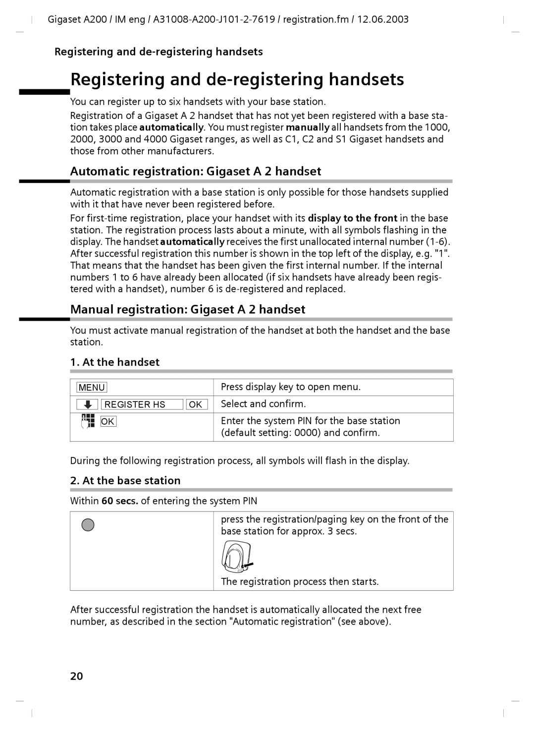 Siemens A31008-A200-J101-2-7619 manual Registering and de-registering handsets, Automatic registration Gigaset a 2 handset 