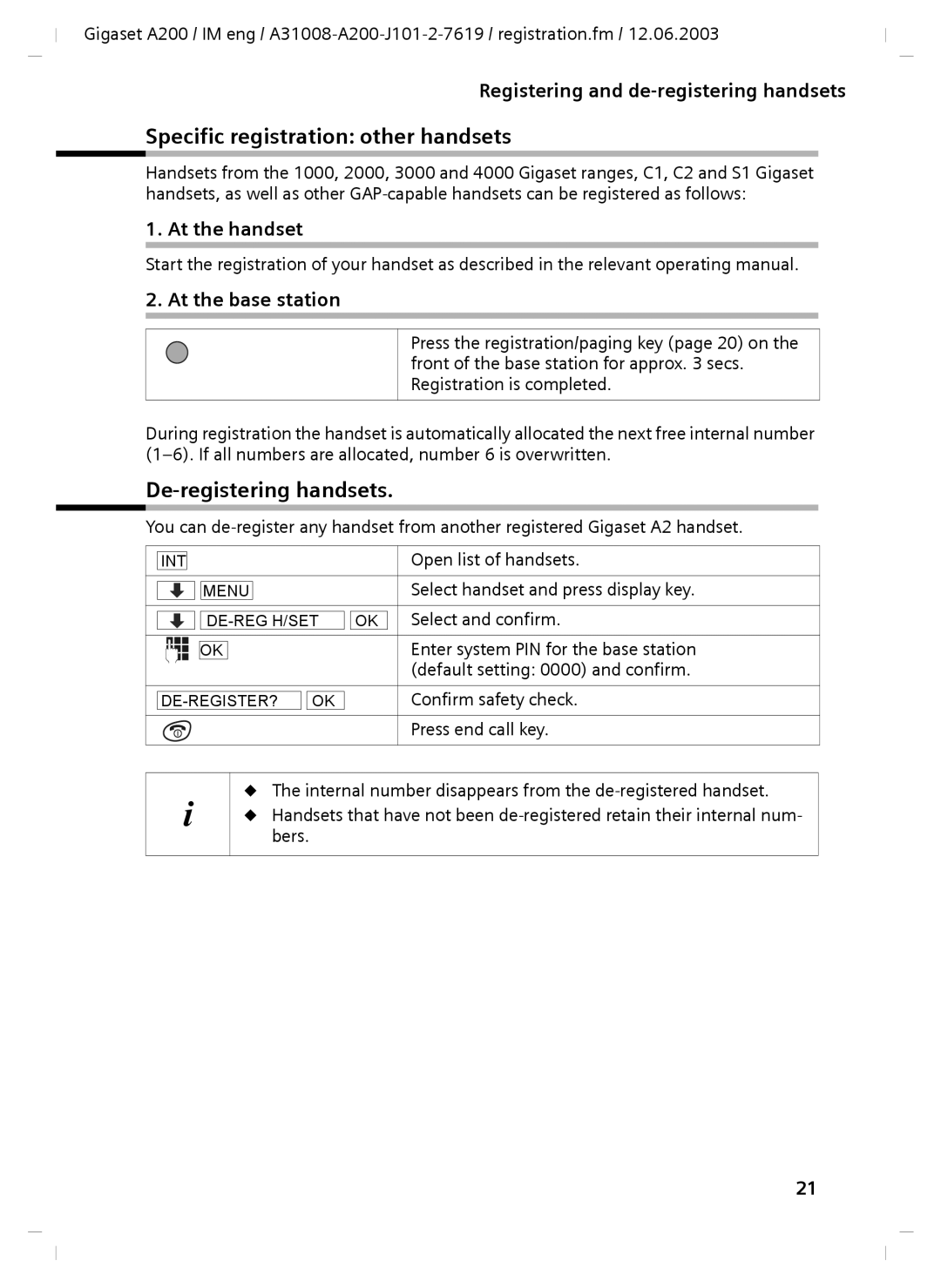 Siemens A31008-A200-J101-2-7619 manual Specific registration other handsets, De-registering handsets 