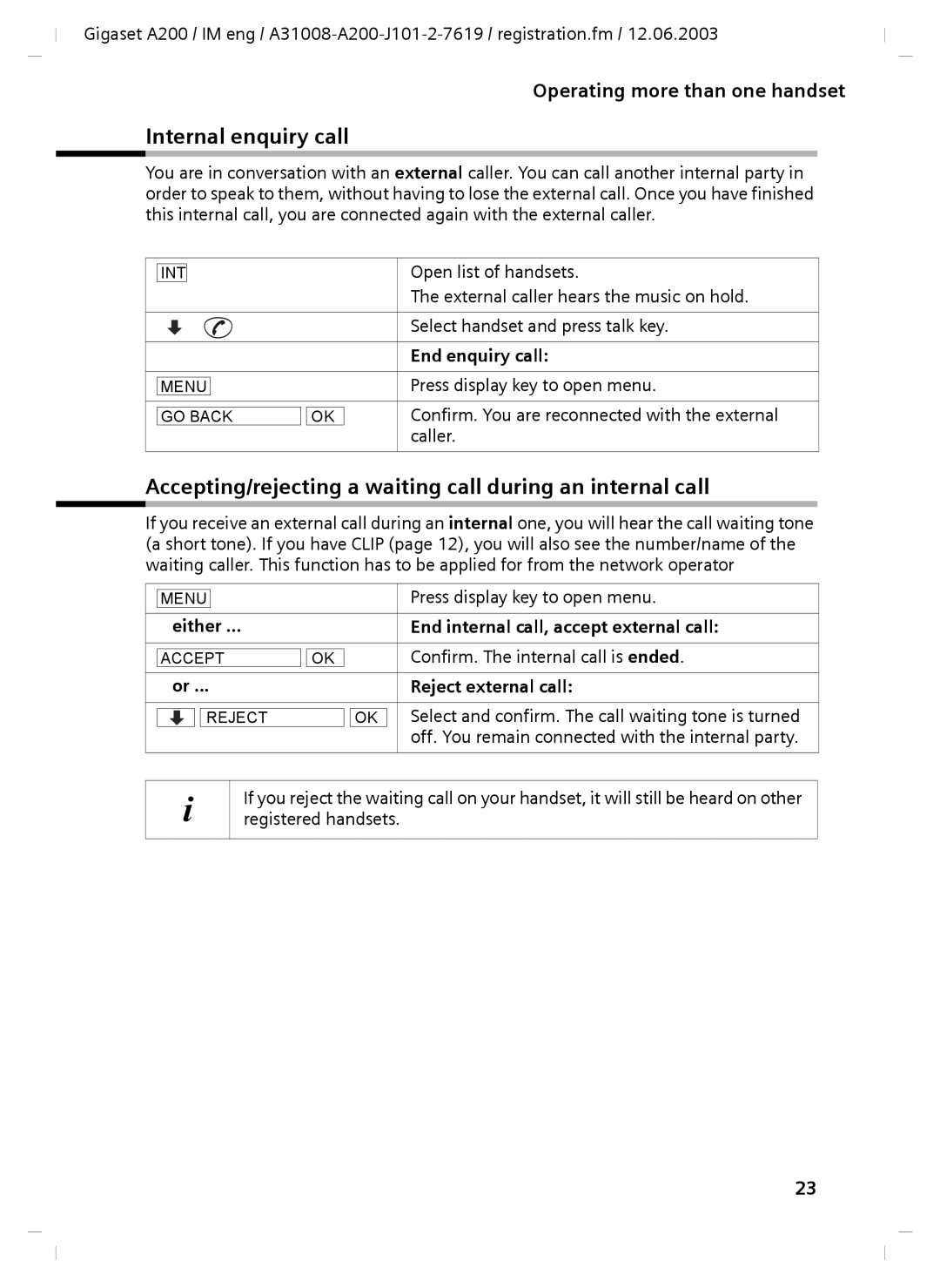 Siemens A31008-A200-J101-2-7619 manual Internal enquiry call, Accepting/rejecting a waiting call during an internal call 