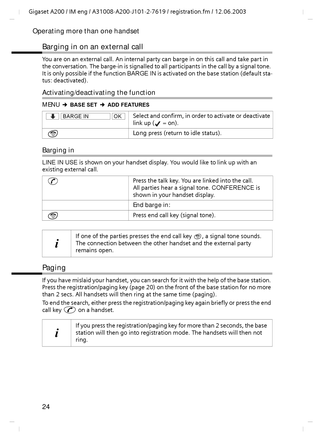 Siemens A31008-A200-J101-2-7619 Barging in on an external call, Paging, Activating/deactivating the function, End barge 