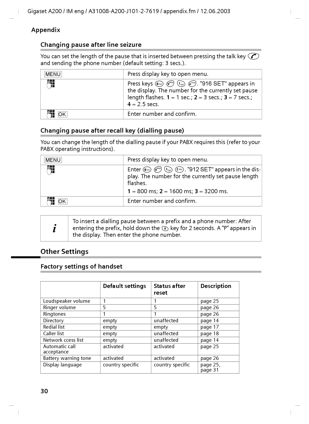 Siemens A31008-A200-J101-2-7619 Other Settings, Appendix Changing pause after line seizure, Factory settings of handset 