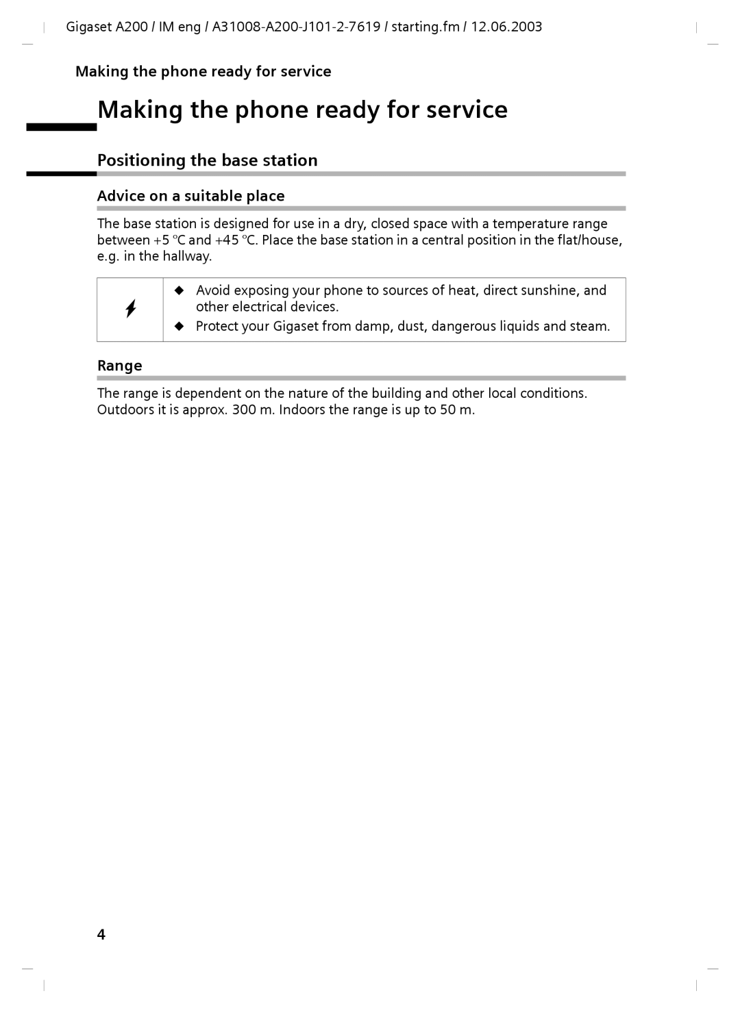 Siemens A31008-A200-J101-2-7619 manual Making the phone ready for service, Positioning the base station, Range 