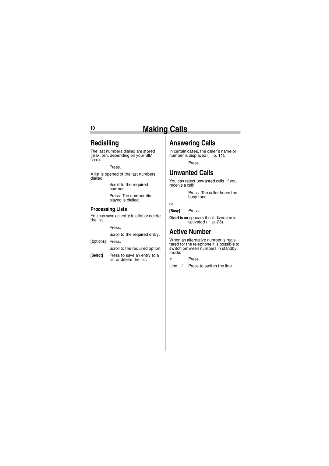 Siemens A35 manual Redialling, Answering Calls, Unwanted Calls, Processing Lists 