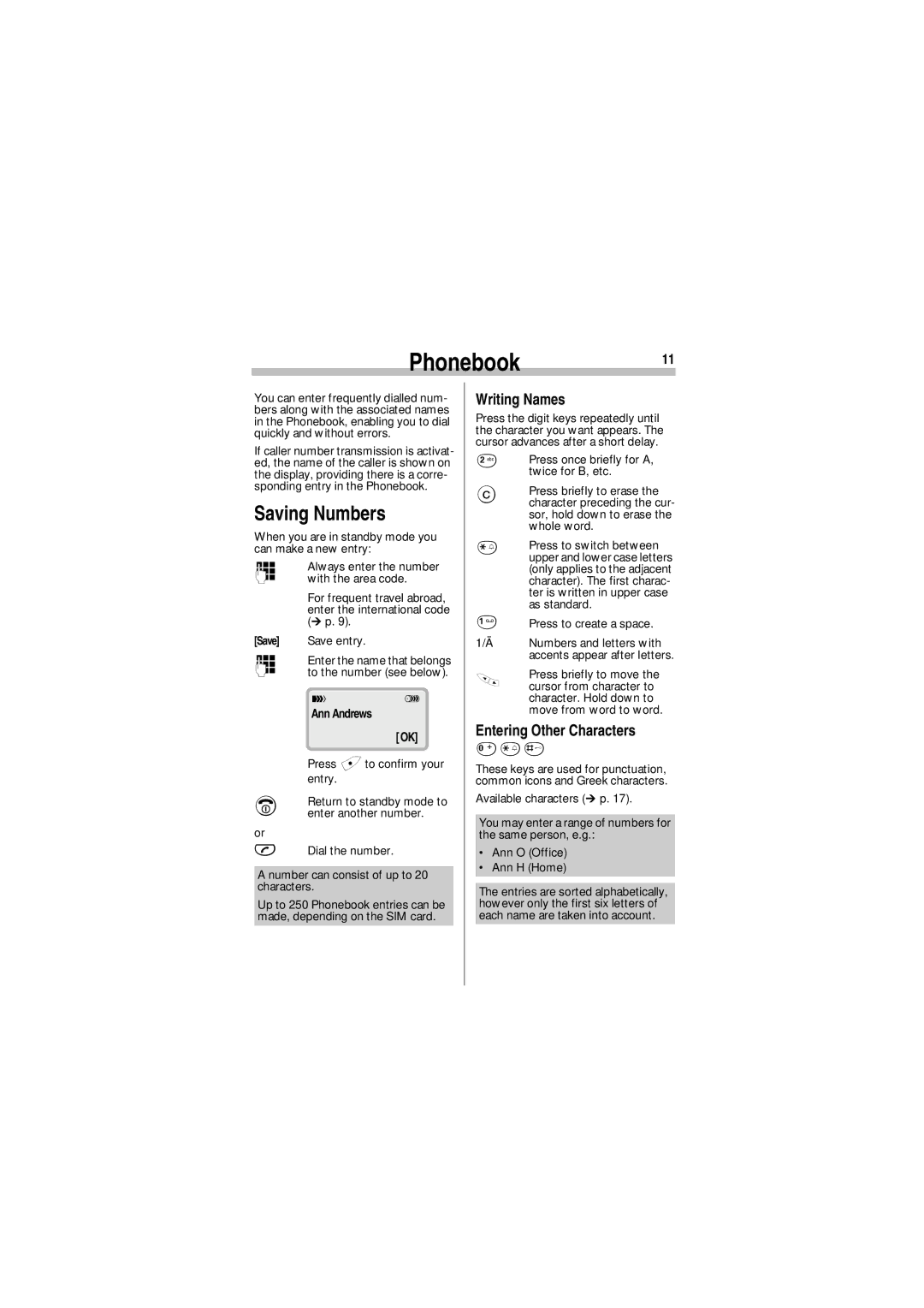 Siemens A35 manual Phonebook11, Saving Numbers, Writing Names, Entering Other Characters, Ann Andrews 