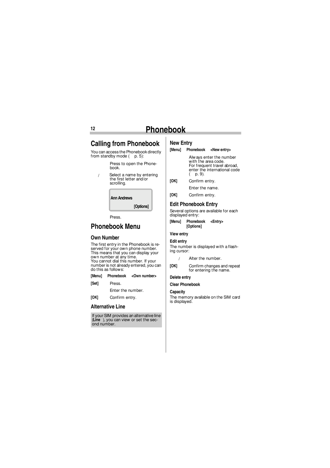 Siemens A35 manual 12Phonebook, Calling from Phonebook, Phonebook Menu 