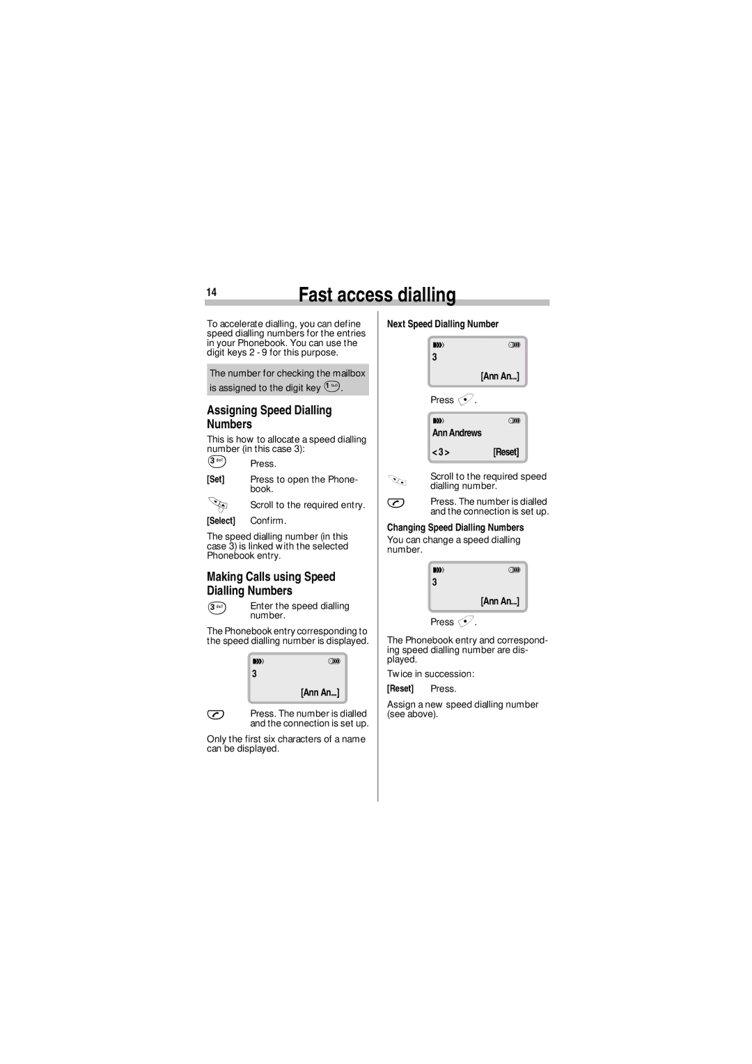 Siemens A35 manual Fast access dialling, Assigning Speed Dialling Numbers, Next Speed Dialling Number Ann An 