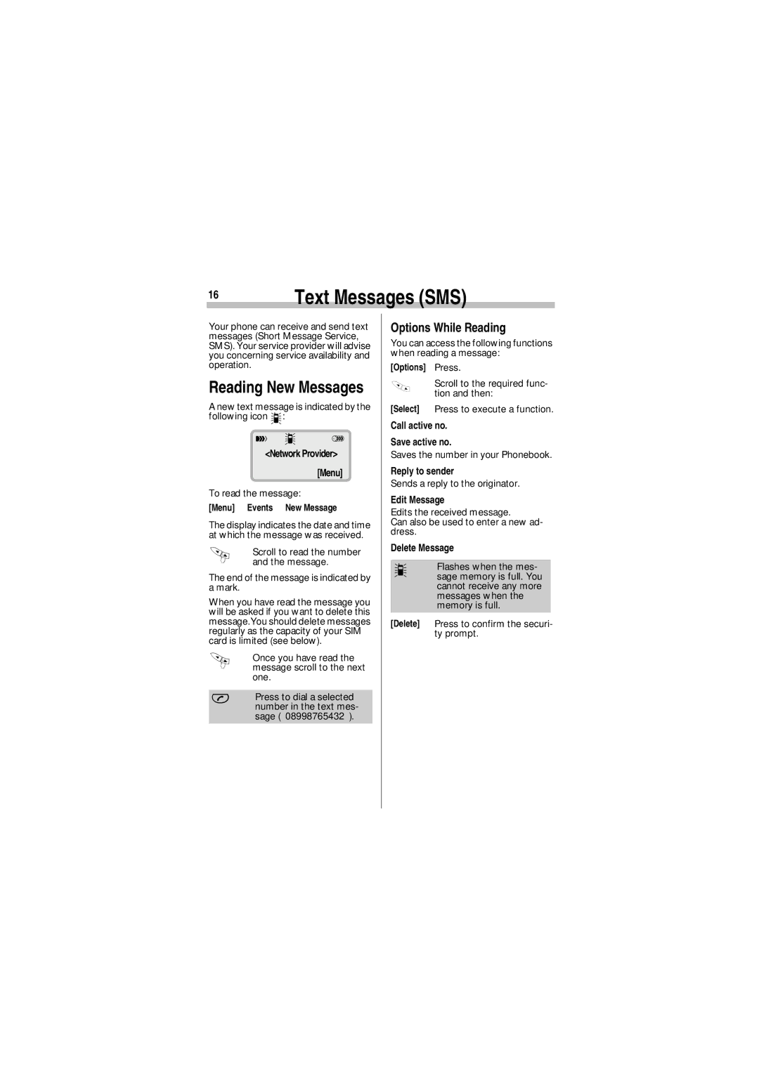 Siemens A35 manual Text Messages SMS, Reading New Messages, Options While Reading 