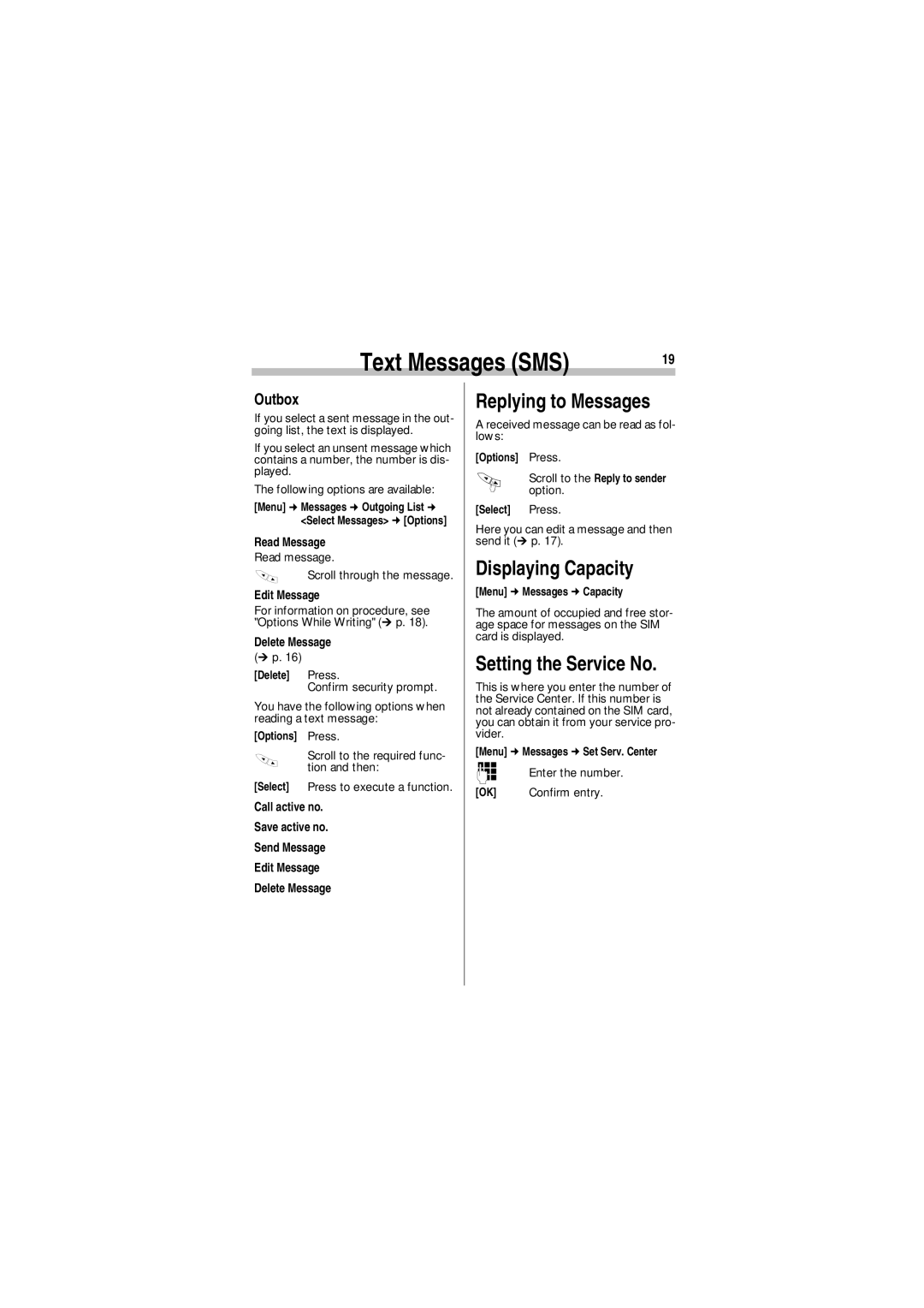 Siemens A35 manual Replying to Messages, Displaying Capacity, Setting the Service No, Outbox 